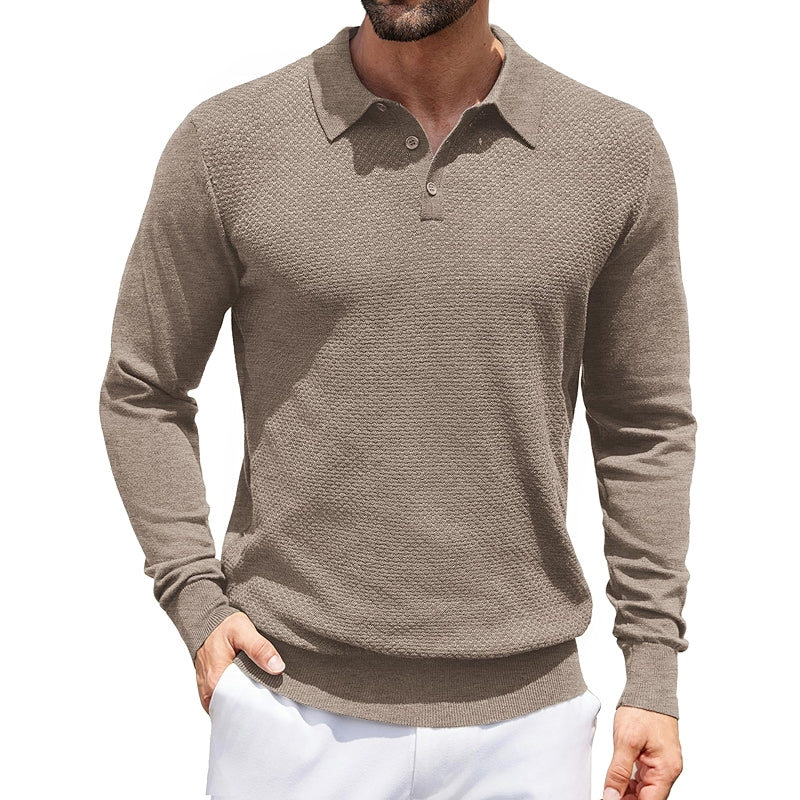 Knit Polo Sweater Long Sleeve Casual Collared Quarter Button
