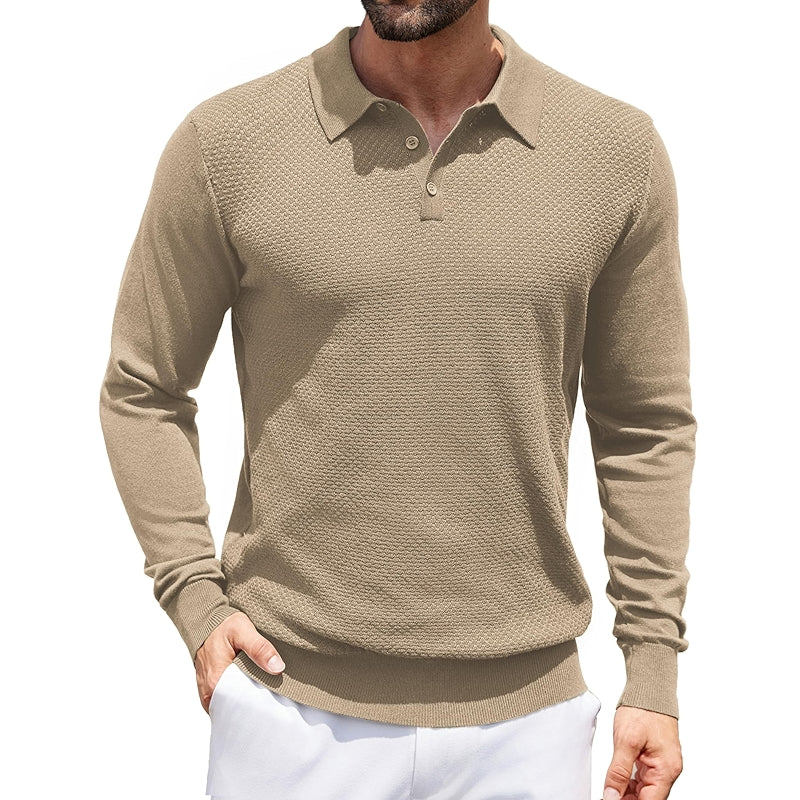 Knit Polo Sweater Long Sleeve Casual Collared Quarter Button