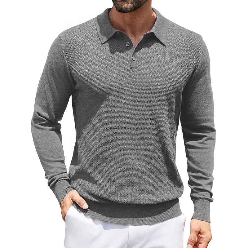 Knit Polo Sweater Long Sleeve Casual Collared Quarter Button