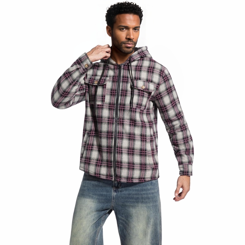 Men's Flannel Plaid Hooded Jackets Sherpa Fleece Lined Hoodies Fashion Warm Coat