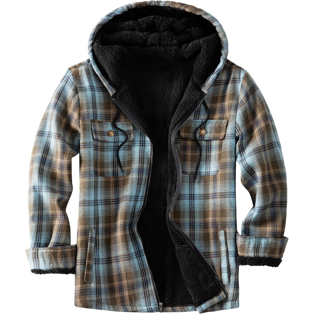 Men's Flannel Plaid Hooded Jackets Sherpa Fleece Lined Hoodies Fashion Warm Coat