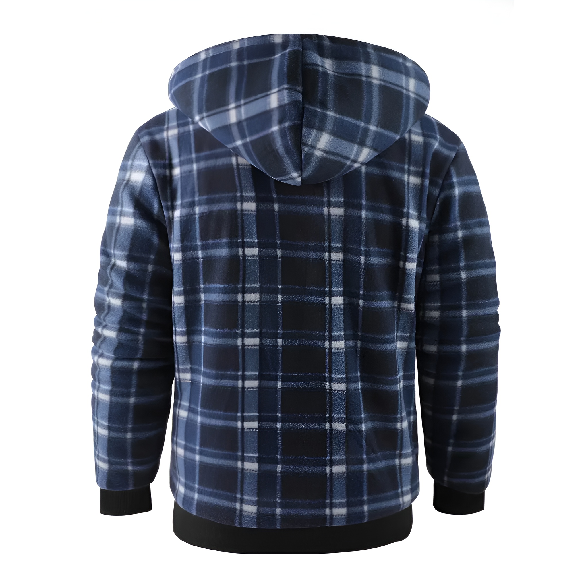 Full Zip Hooded Jacket for Men with Sherpa Lining and Plaid Design
