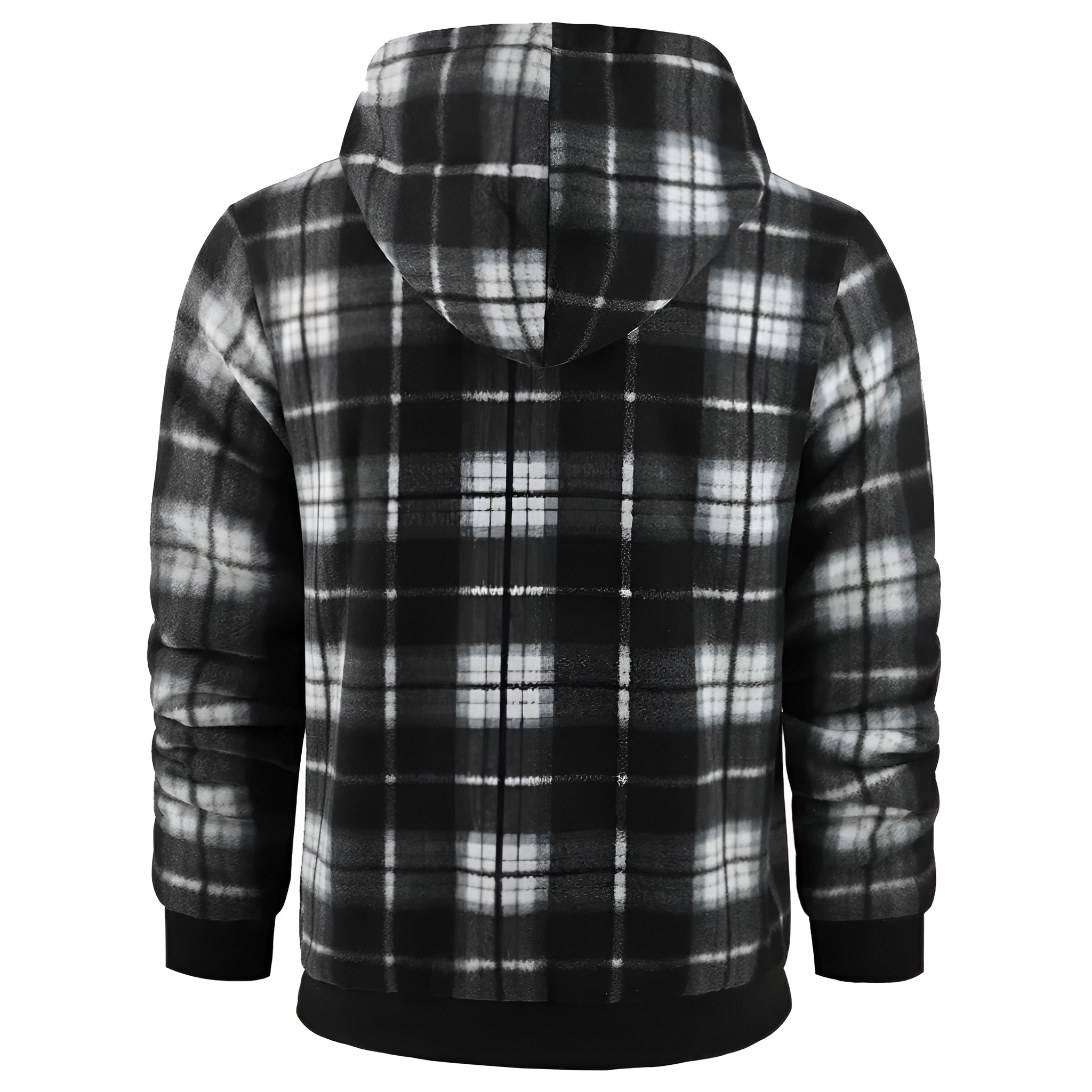 Full Zip Hooded Jacket for Men with Sherpa Lining and Plaid Design