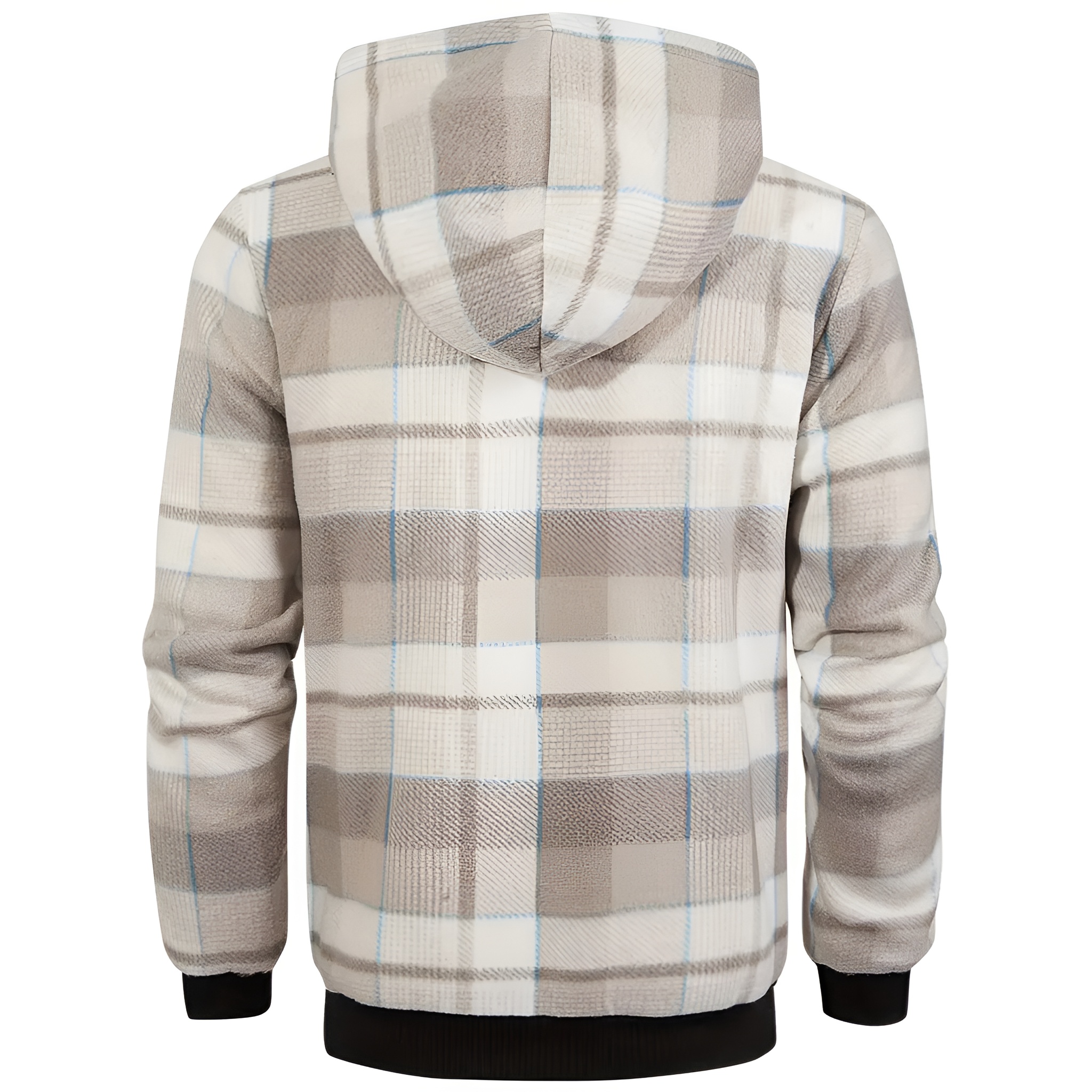 Full Zip Hooded Jacket for Men with Sherpa Lining and Plaid Design