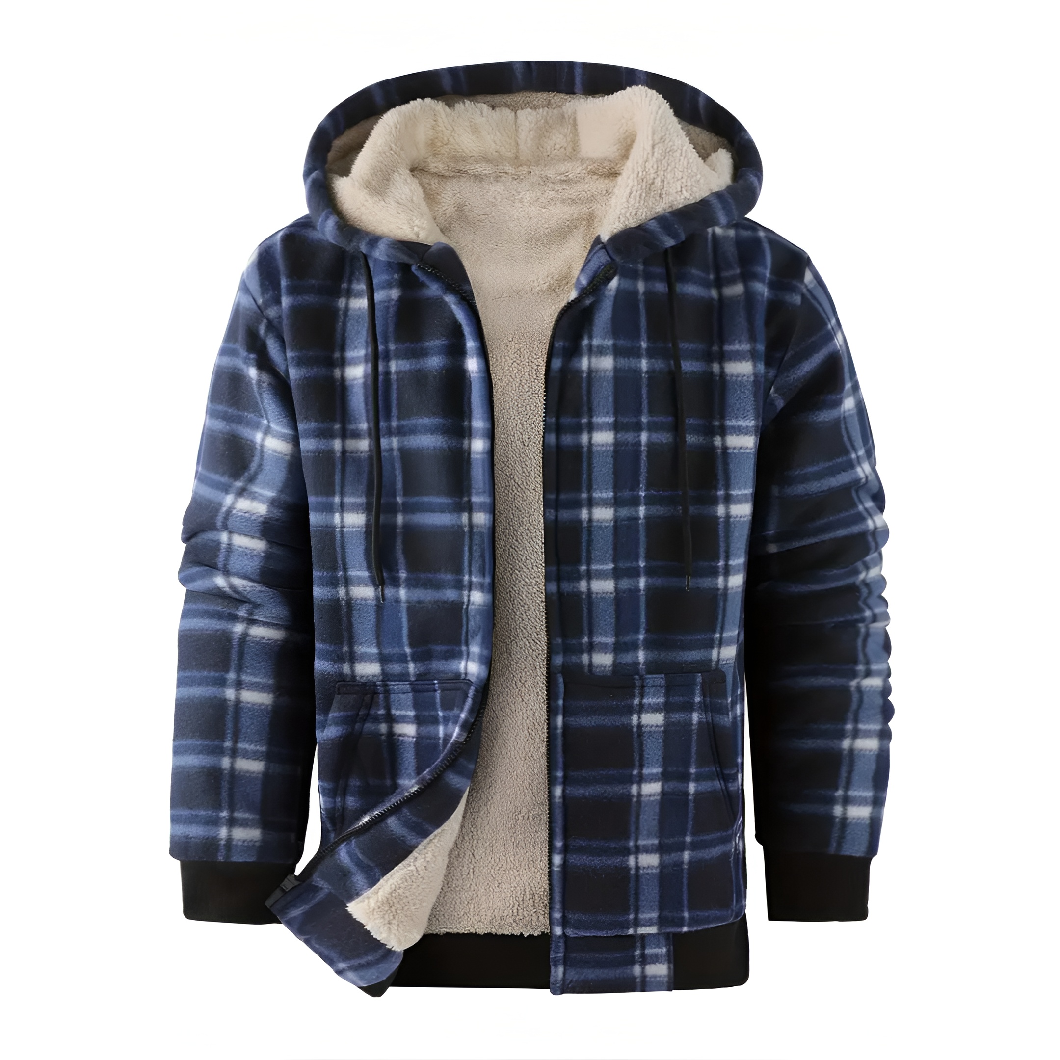 Full Zip Hooded Jacket for Men with Sherpa Lining and Plaid Design