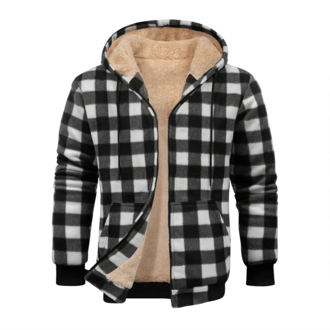 Full Zip Hooded Jacket for Men with Sherpa Lining and Plaid Design