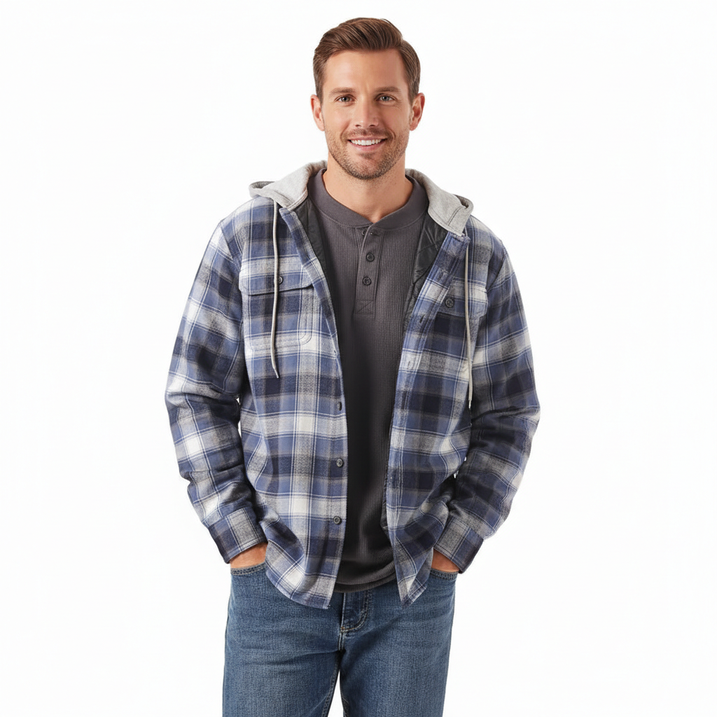 Men's Long Sleeve Quilted Lined Flannel Shirt Jacket with Hood