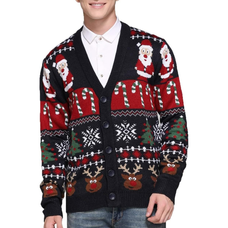 Men's Christmas Rudolph Reindeer Holiday Festive Knitted Sweater Cardigan Cute Ugly Pullover Jumper