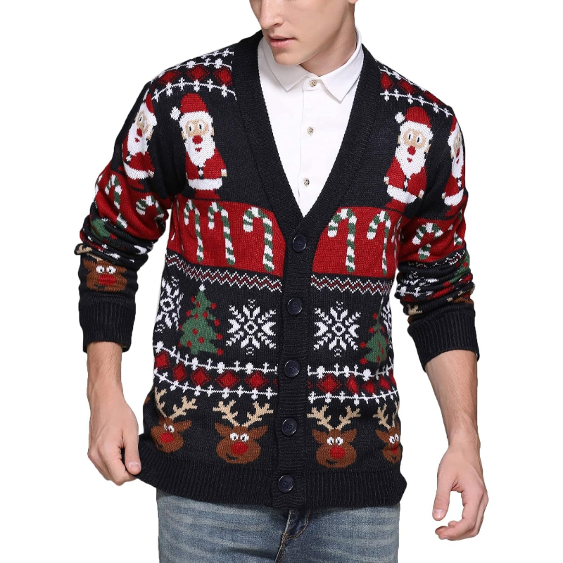 Men's Christmas Rudolph Reindeer Holiday Festive Knitted Sweater Cardigan Cute Ugly Pullover Jumper