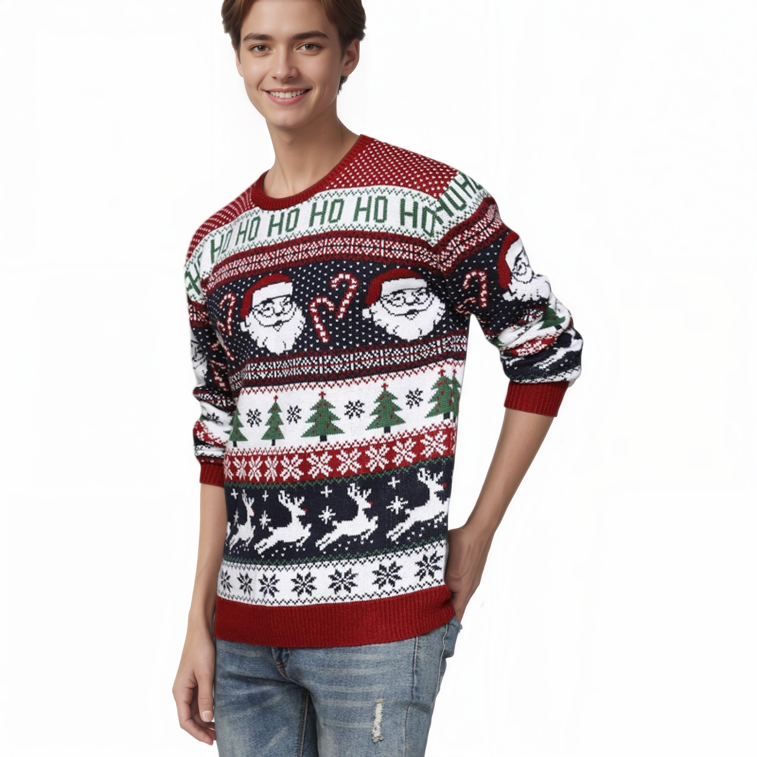 Men's Christmas Rudolph Reindeer Holiday Festive Knitted Sweater Cardigan Cute Ugly Pullover Jumper