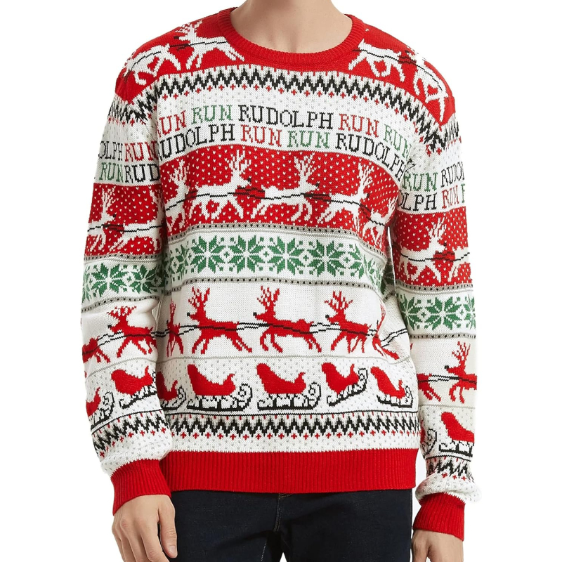 Men's Christmas Rudolph Reindeer Holiday Festive Knitted Sweater Cardigan Cute Ugly Pullover Jumper