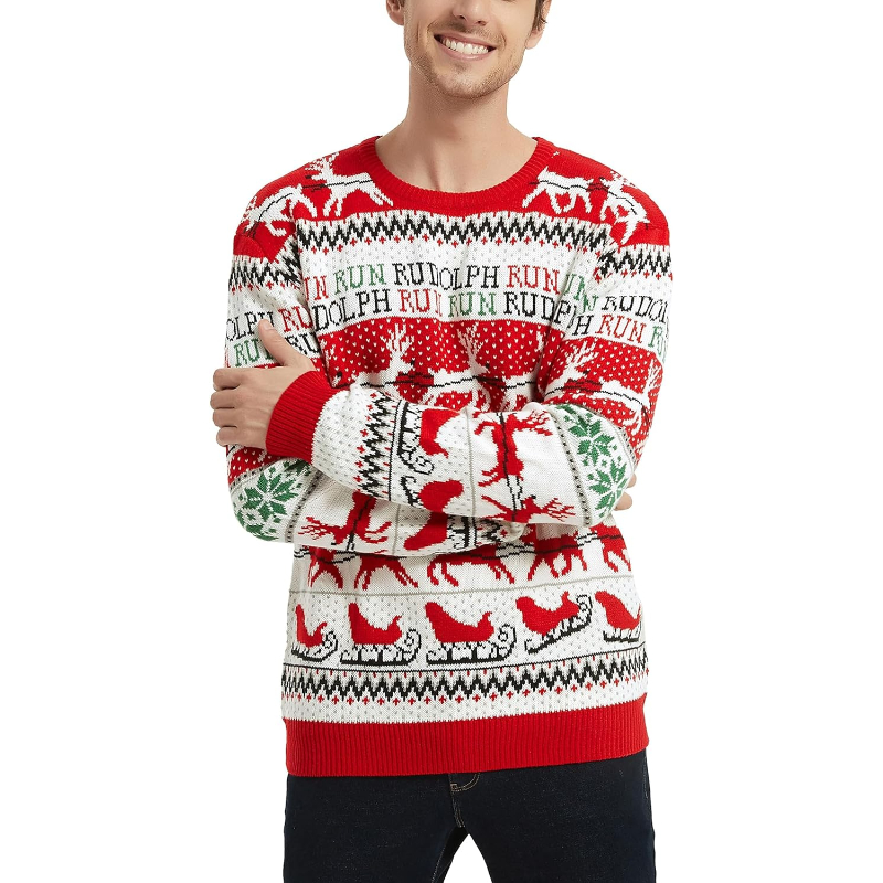 Men's Christmas Rudolph Reindeer Holiday Festive Knitted Sweater Cardigan Cute Ugly Pullover Jumper