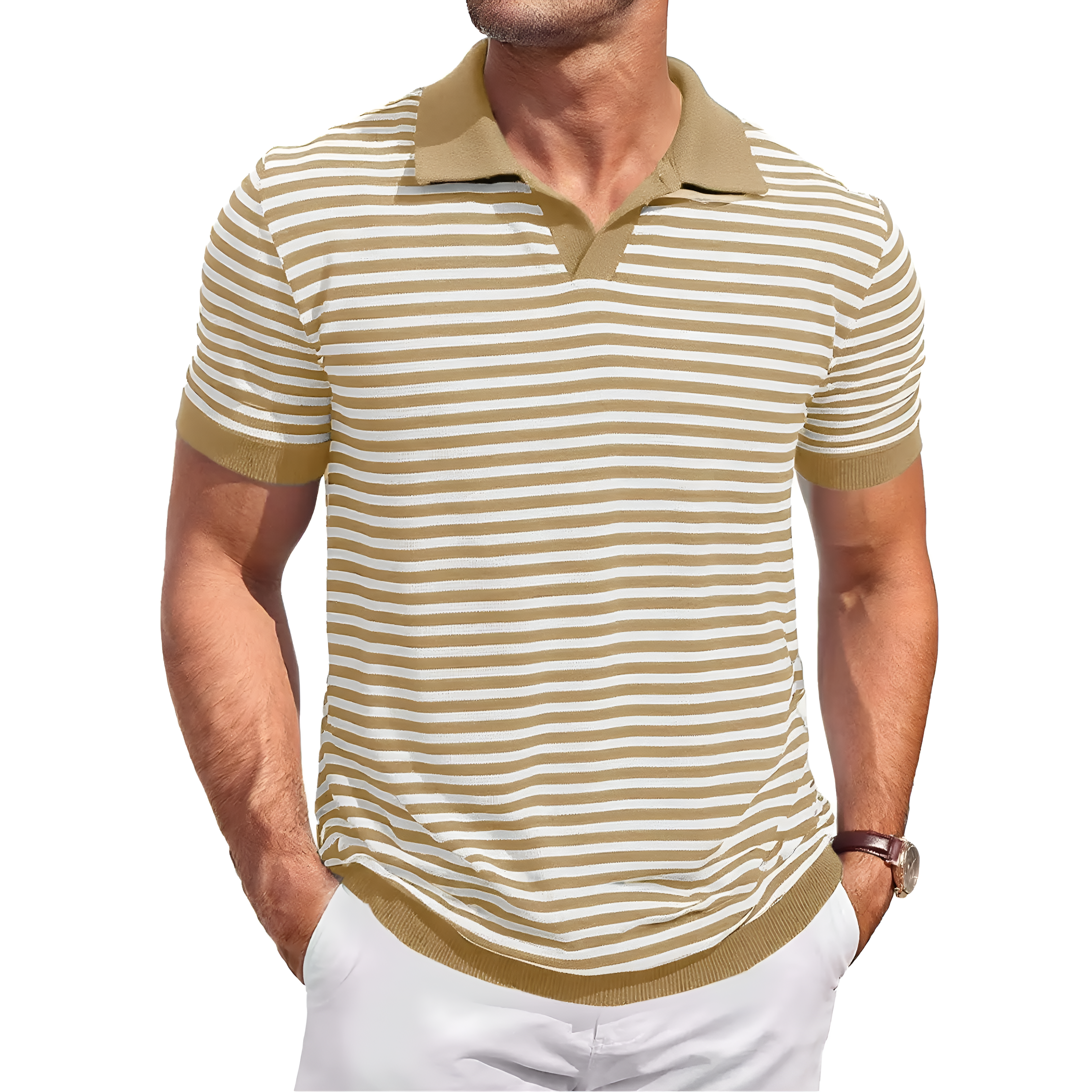 Mens Knit Polo Shirts Short Sleeve Striped V Neck Golf Shirt Classic Casual Summer Tops