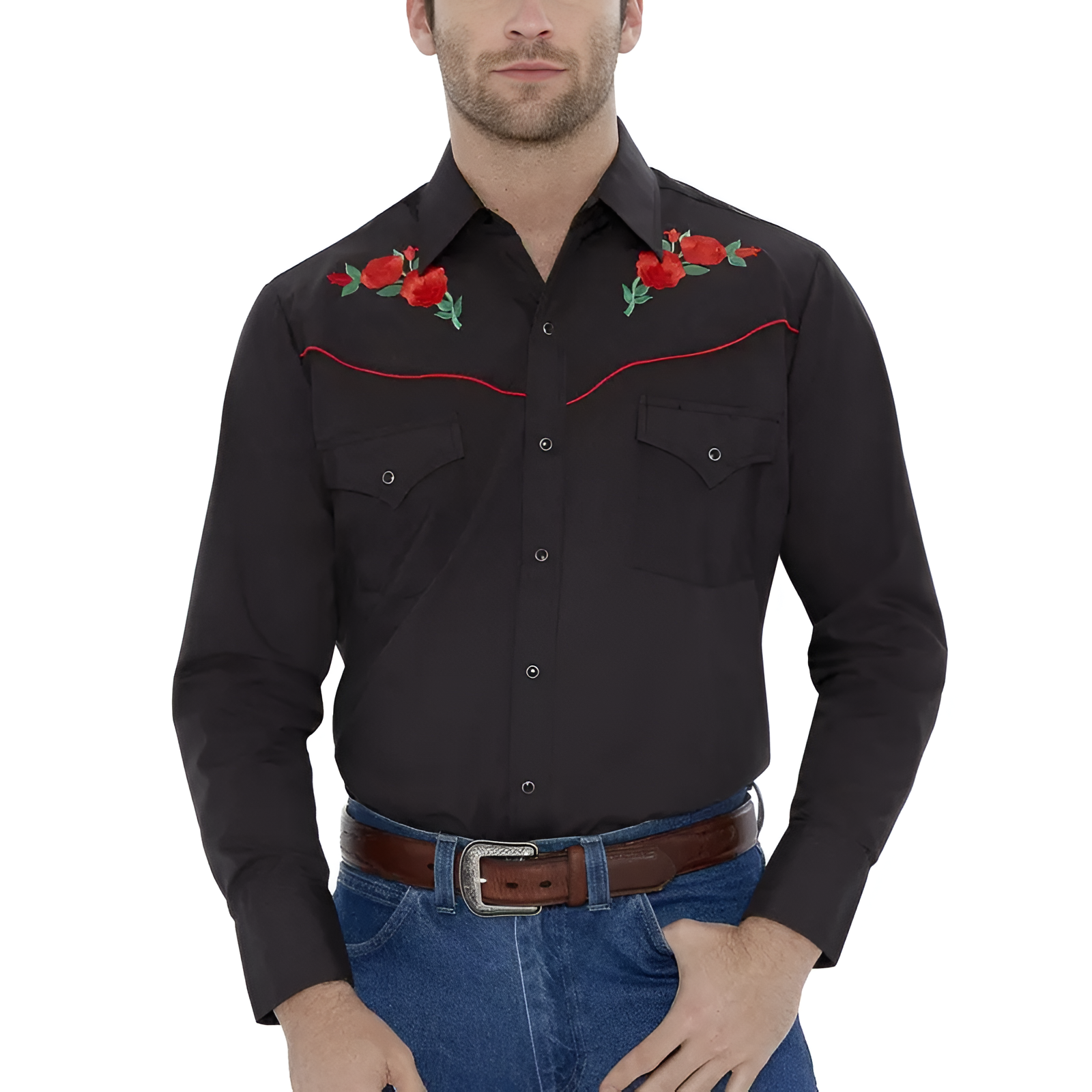 Men Long Sleeve Western Snap Shirt with Rose Embroidery
