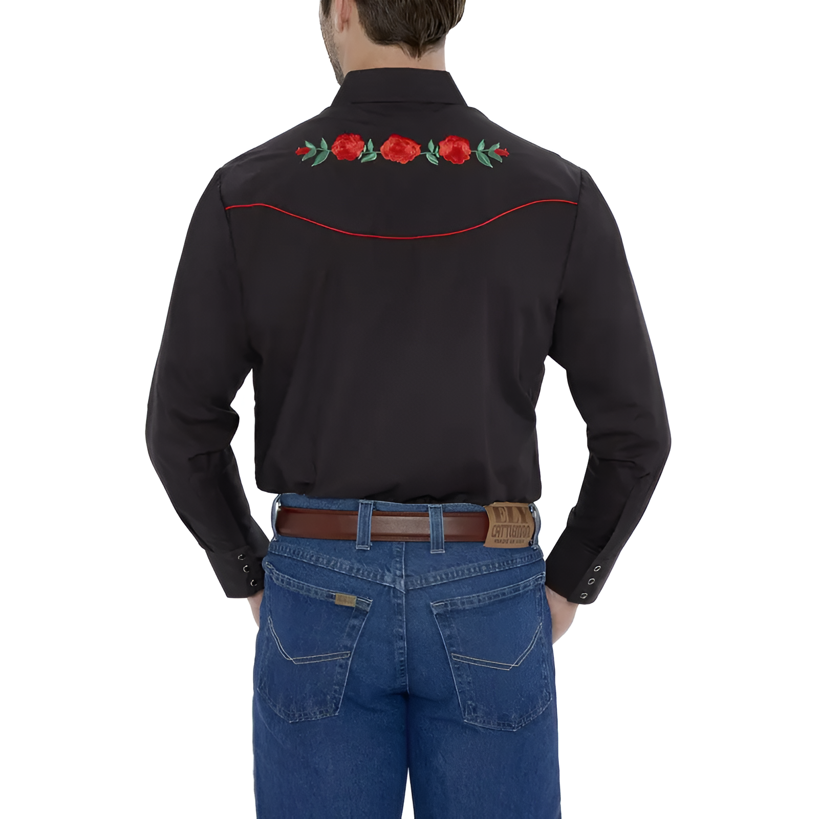 Men Long Sleeve Western Snap Shirt with Rose Embroidery