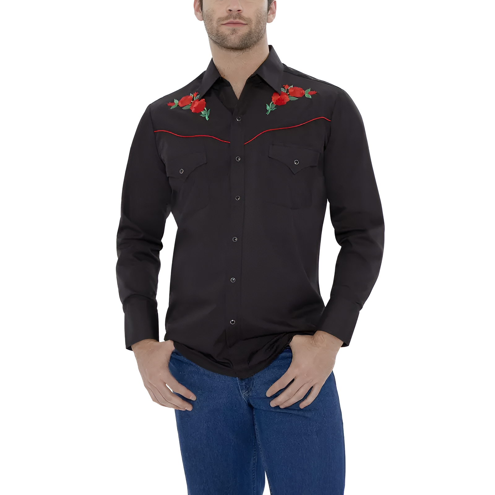 Men Long Sleeve Western Snap Shirt with Rose Embroidery