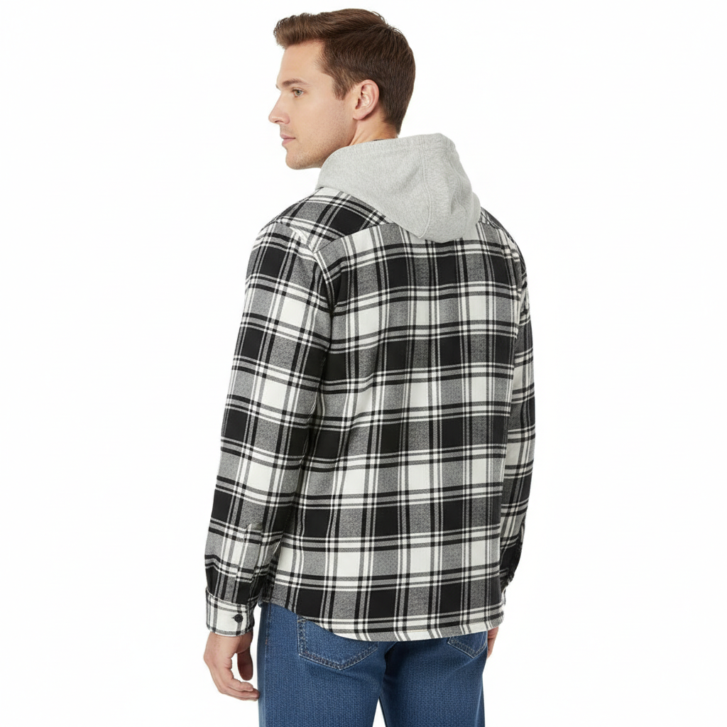 Men's Long Sleeve Quilted Lined Flannel Shirt Jacket with Hood