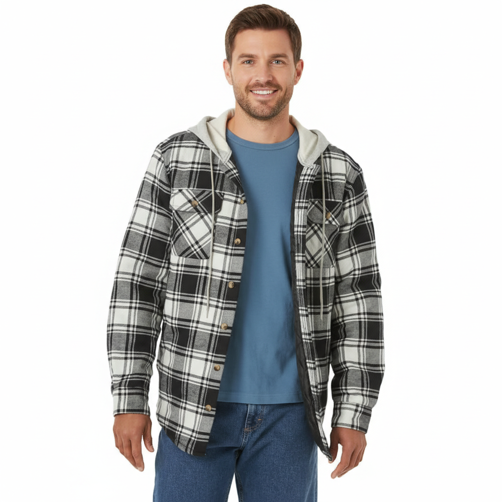 Men's Long Sleeve Quilted Lined Flannel Shirt Jacket with Hood