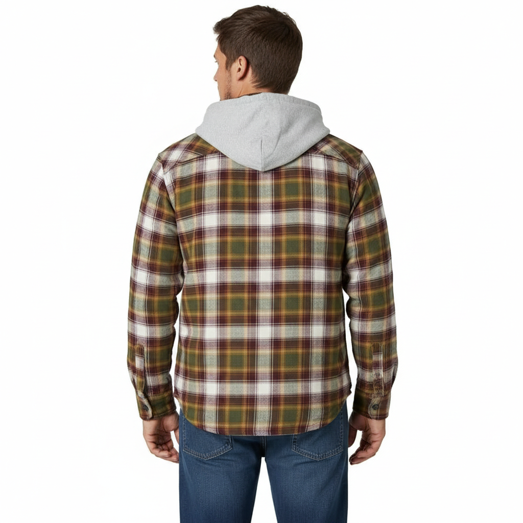 Men's Long Sleeve Quilted Lined Flannel Shirt Jacket with Hood