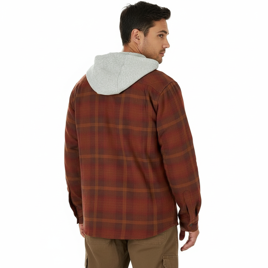 Men's Long Sleeve Quilted Lined Flannel Shirt Jacket with Hood