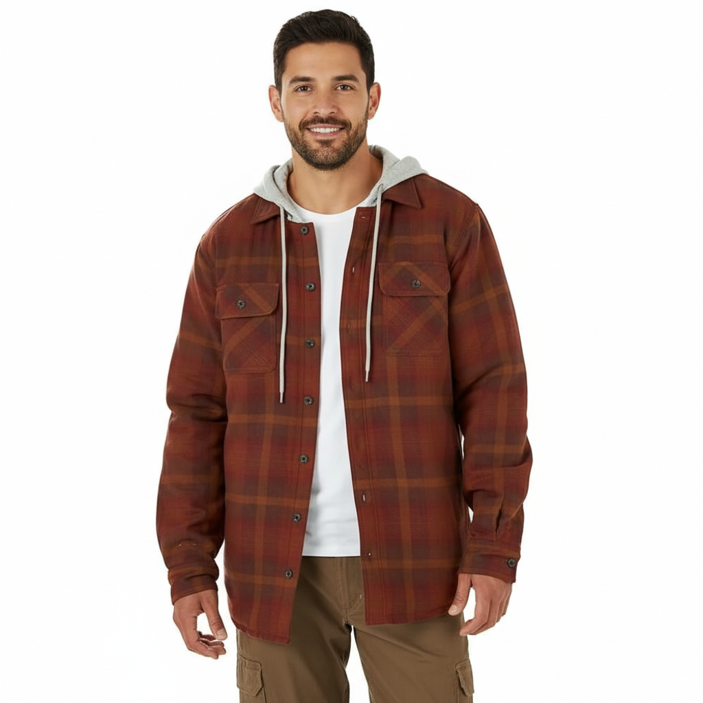 Men's Long Sleeve Quilted Lined Flannel Shirt Jacket with Hood