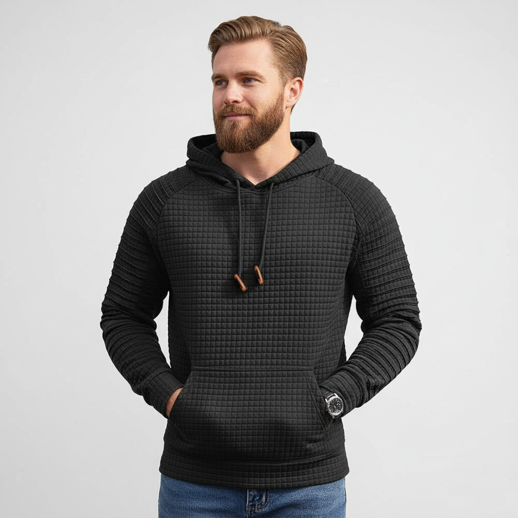 Men Long Sleeve Waffle Knit Pullover Hoodie with Kangaroo Pocket