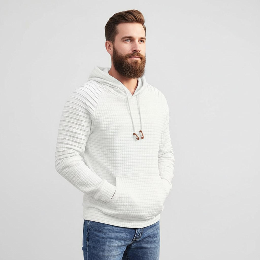 Men Long Sleeve Waffle Knit Pullover Hoodie with Kangaroo Pocket