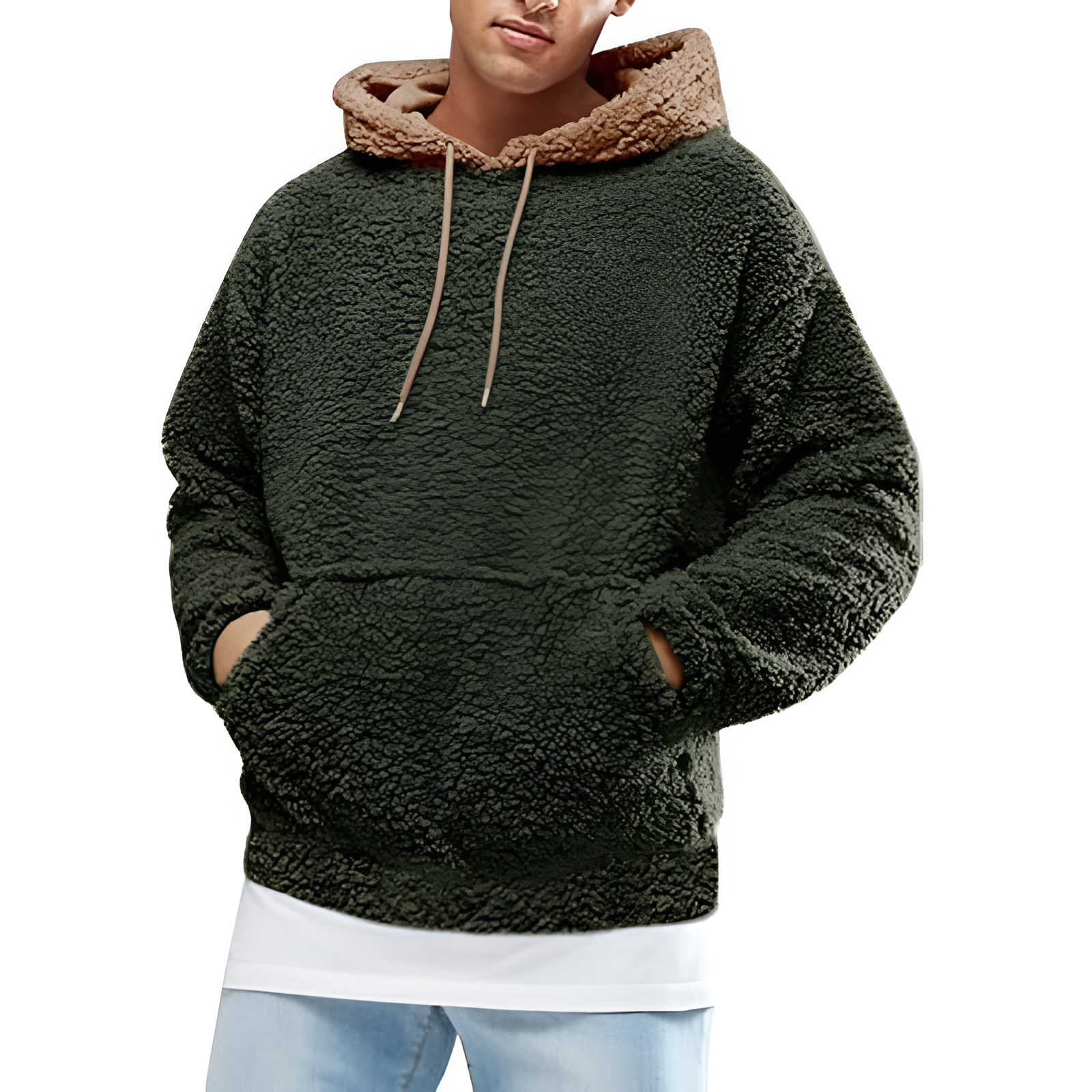 Mens Fuzzy Sherpa Pullover Hoodie Sweatshirts Long Sleeve Sport Front Pocket Military Fall Outwear Winter Hooded