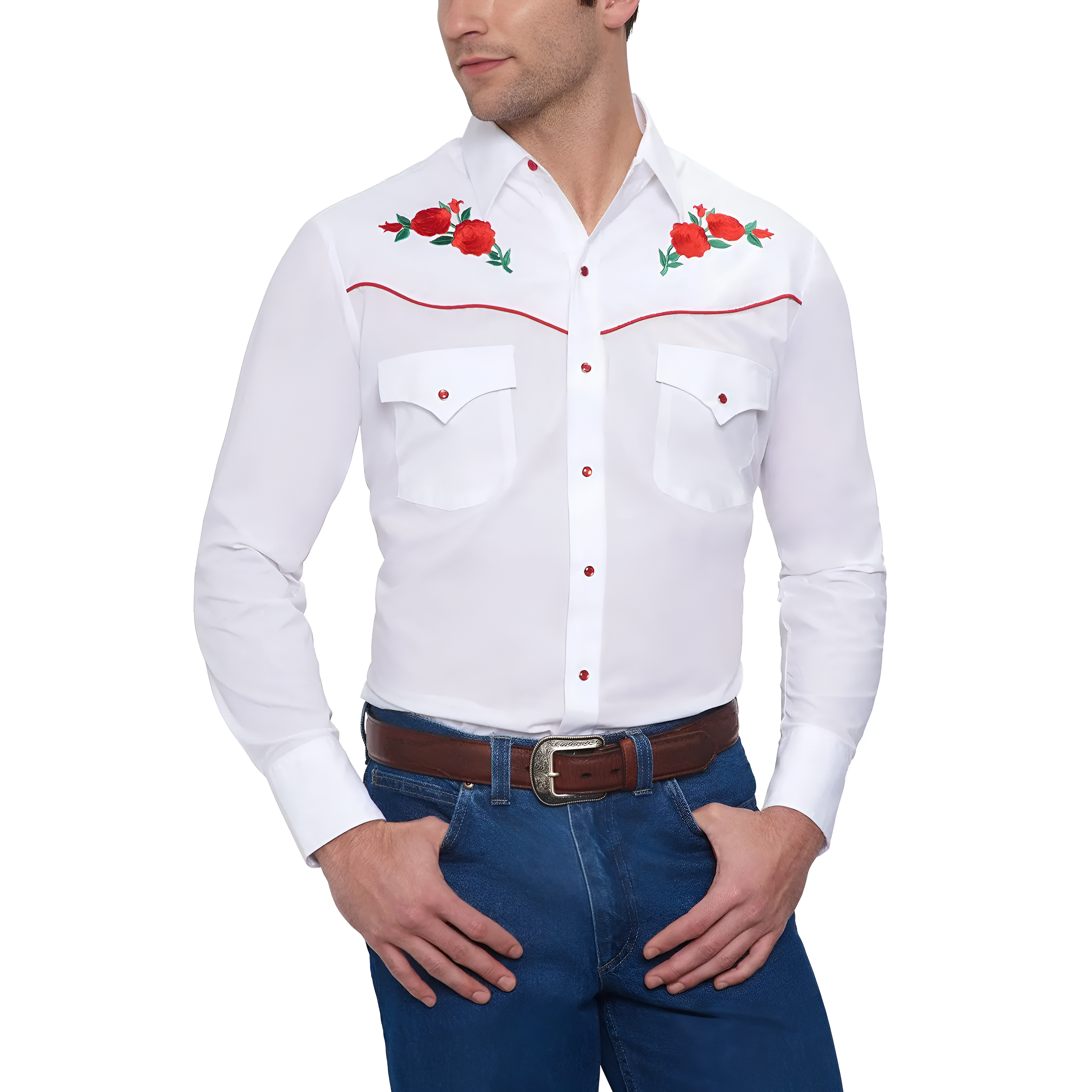 Men Long Sleeve Western Snap Shirt with Rose Embroidery