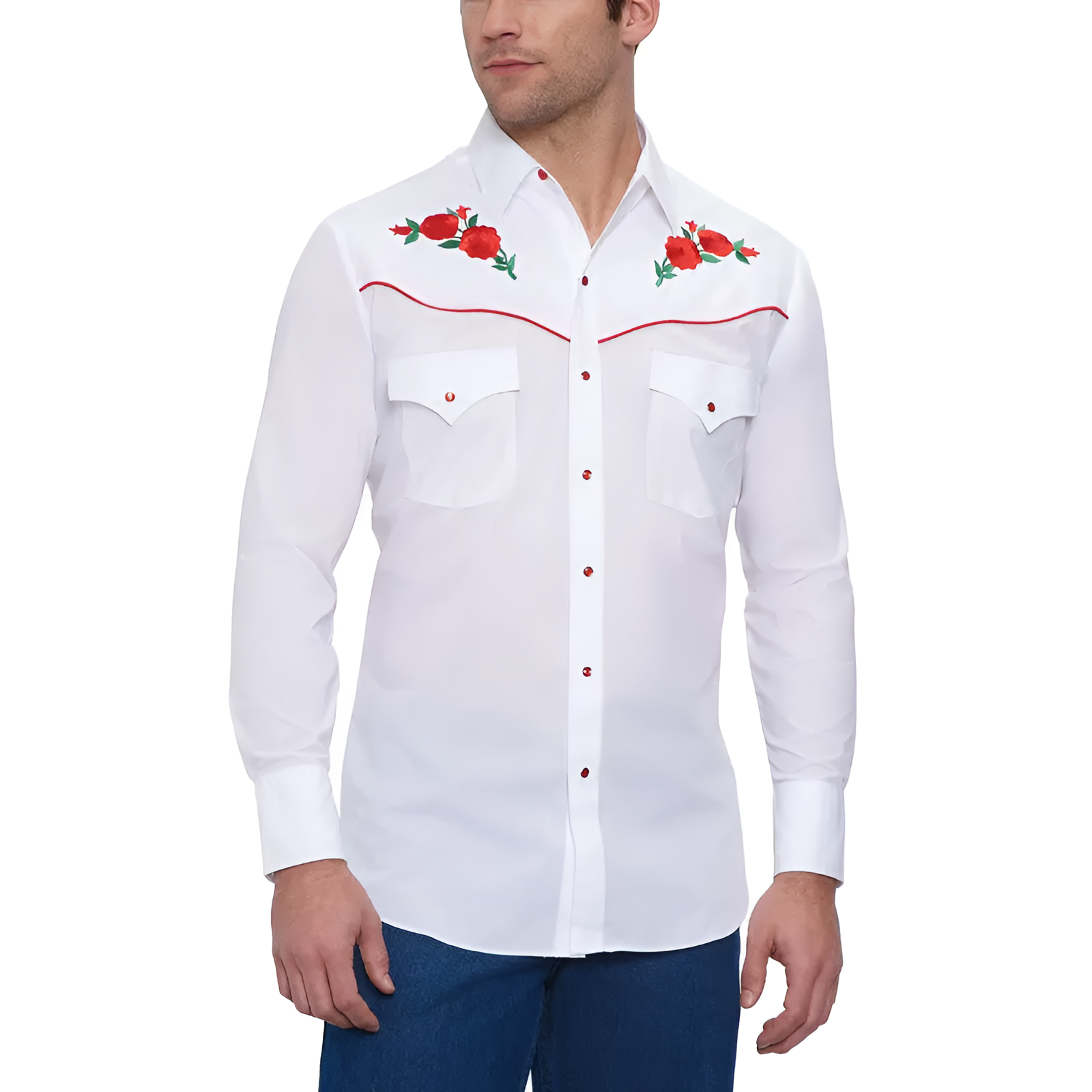 Men Long Sleeve Western Snap Shirt with Rose Embroidery