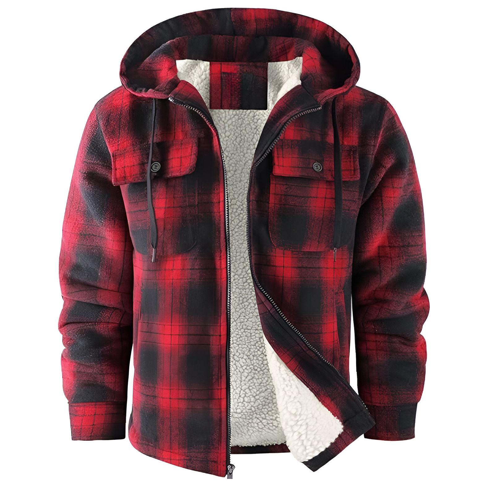 Men Flannel Hooded Jacket Fleece Sherpa Lined Plaid Shirts Jackets Zip Up Sweatshirt Hoodies for Men with 4 Pockets