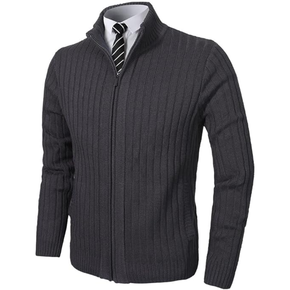 Men's Cardigan Sweaters Full Zip Up Stand Collar Slim Fit Casual Knitted Sweater with 2 Front Pockets