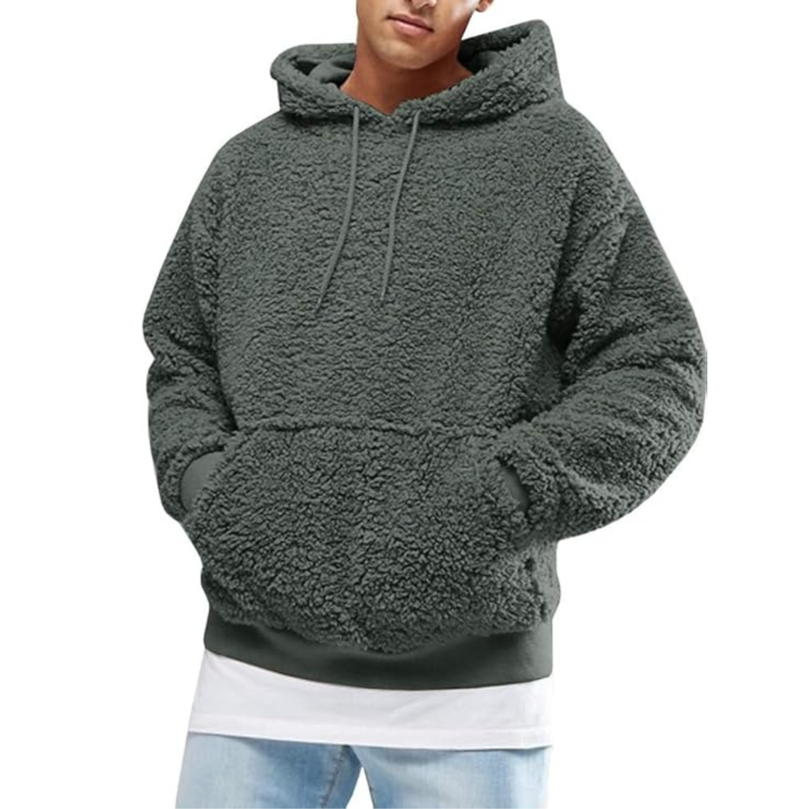 Sherpa Pullover Hooded Sweatshirt With Pocket For Men