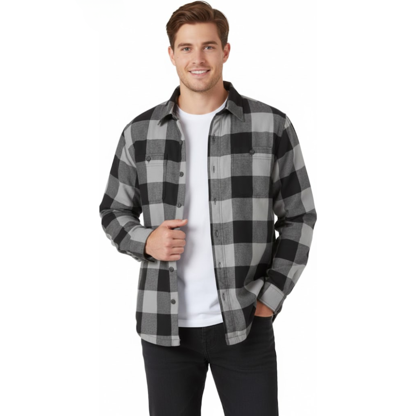 Long Sleeve Sherpa Lined Flannel Shirt For Men