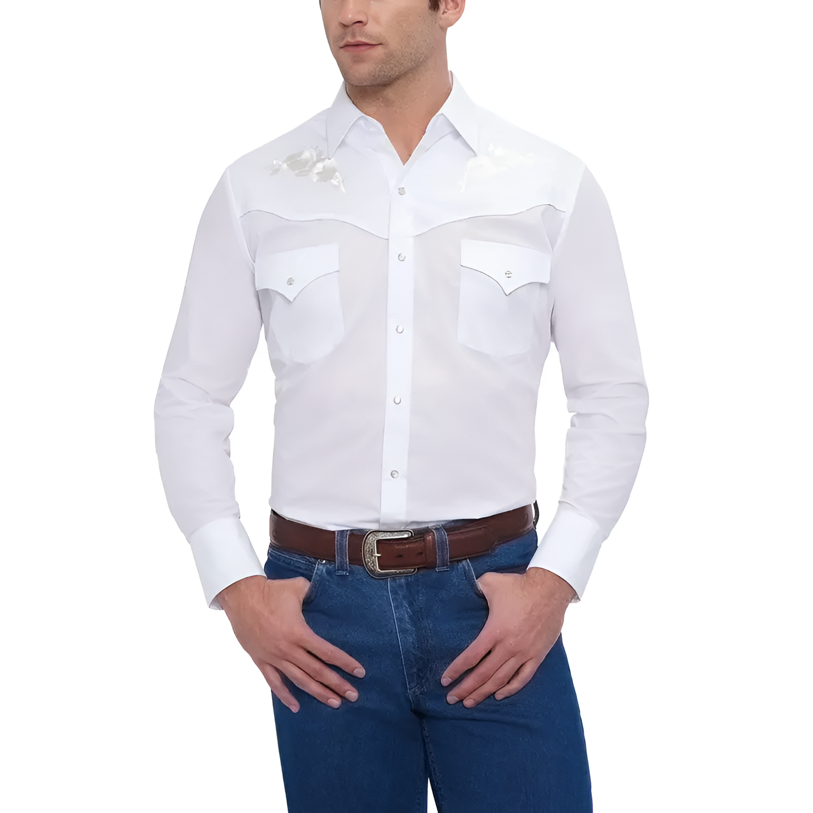 Men Long Sleeve Western Snap Shirt with Rose Embroidery