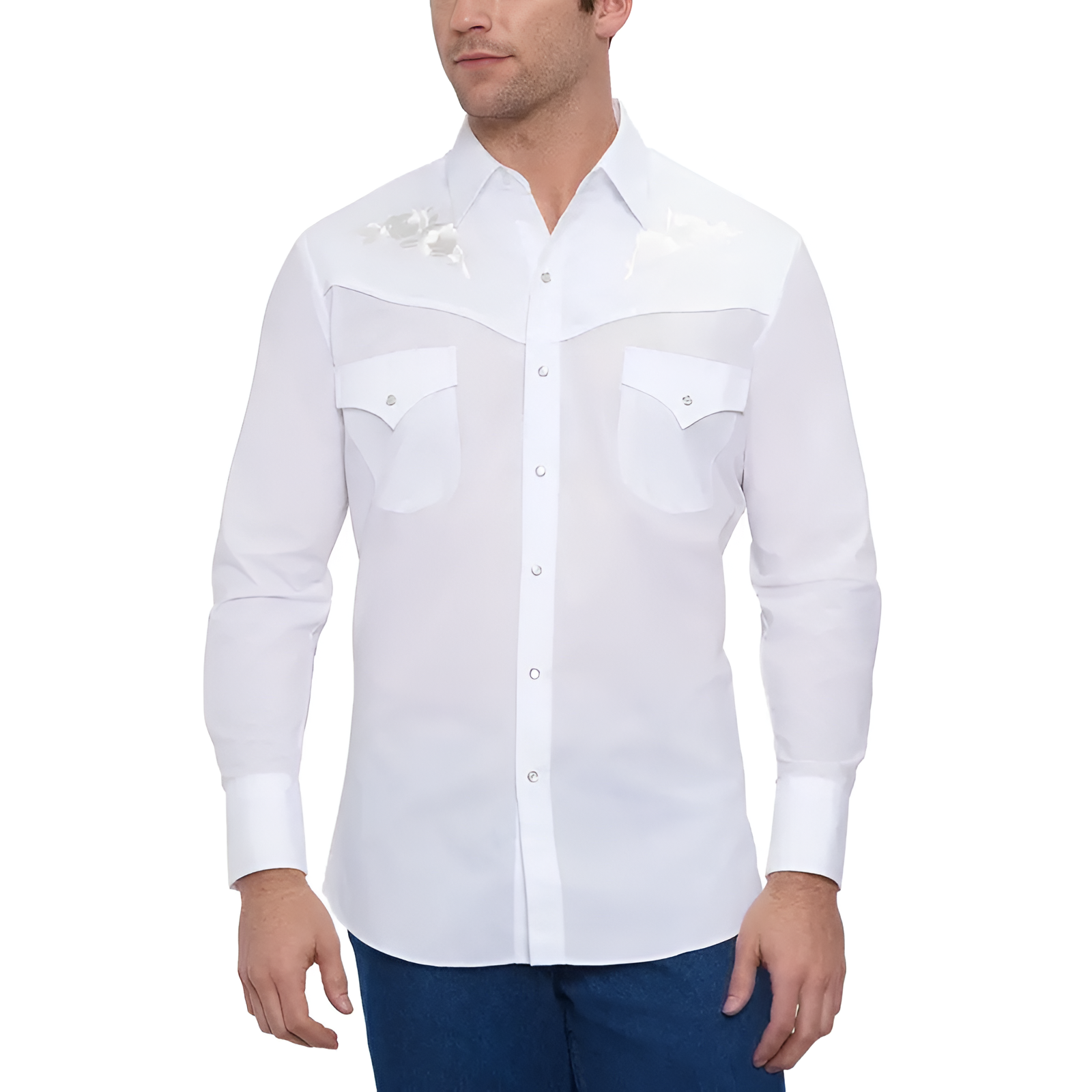 Men Long Sleeve Western Snap Shirt with Rose Embroidery