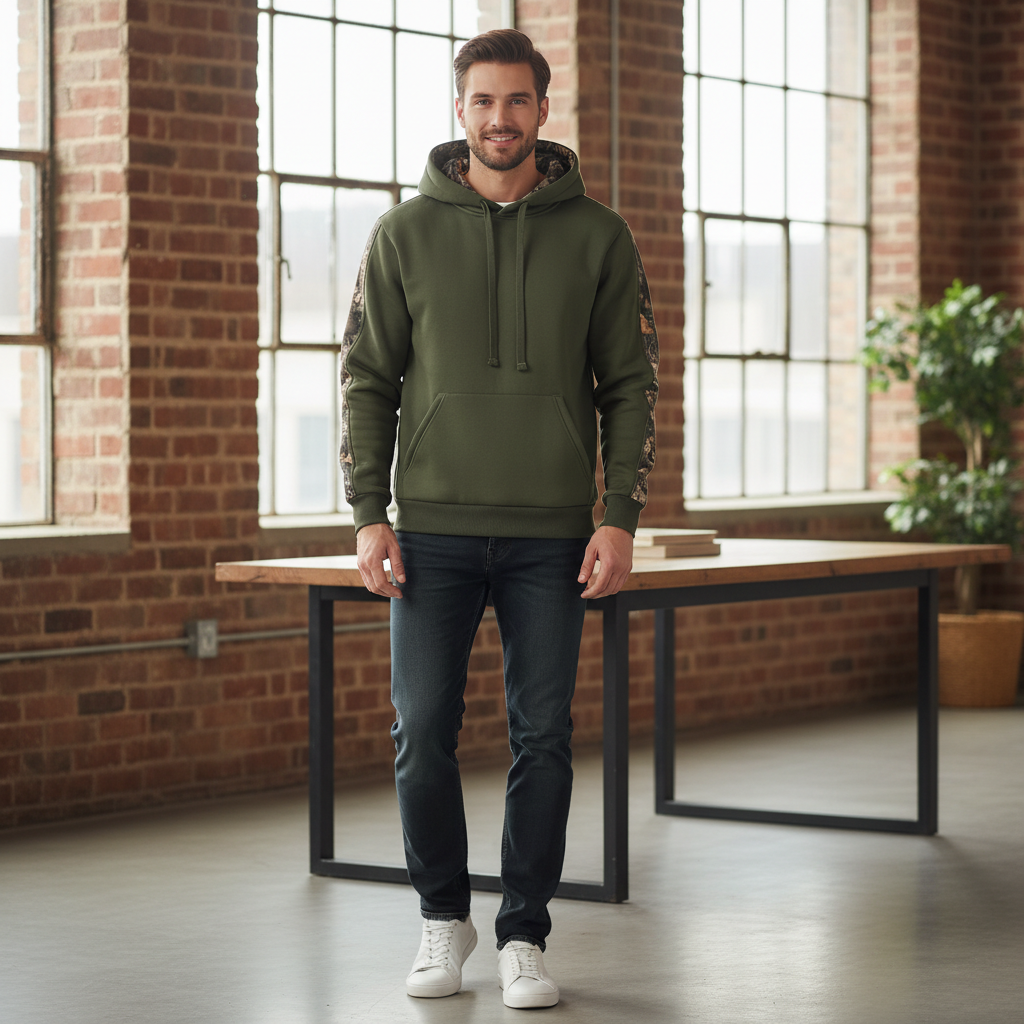 Men Camo Outfitter Fleece Hoodie Pullover Long Sleeve Casual Sweatshirt with Pocket