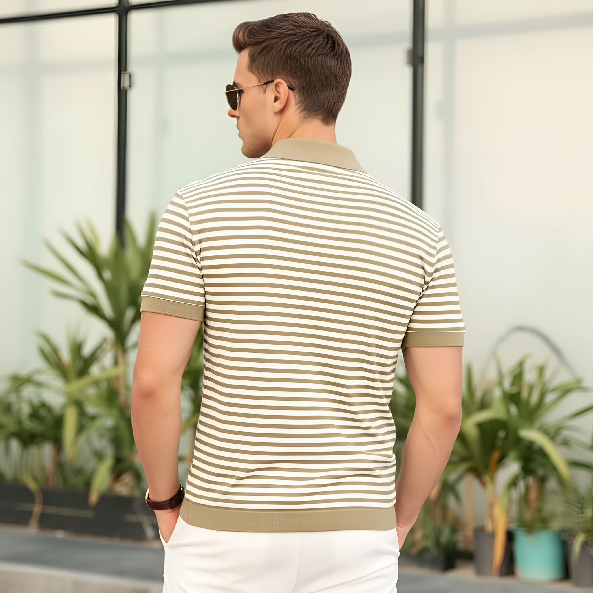 Mens Knit Polo Shirts Short Sleeve Striped V Neck Golf Shirt Classic Casual Summer Tops