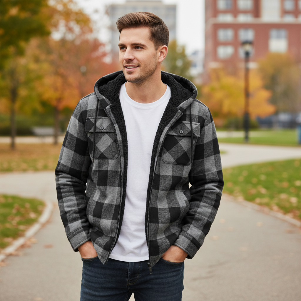 Men Flannel Hooded Jacket Fleece Sherpa Lined Plaid Shirts Jackets Zip Up Sweatshirt Hoodies for Men with 4 Pockets