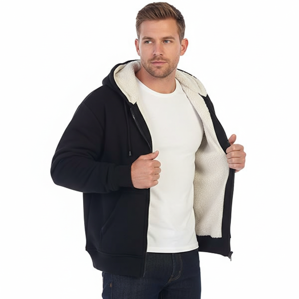 Men Soft Heavyweight Sherpa Lined Fleece Hoodie Jacket