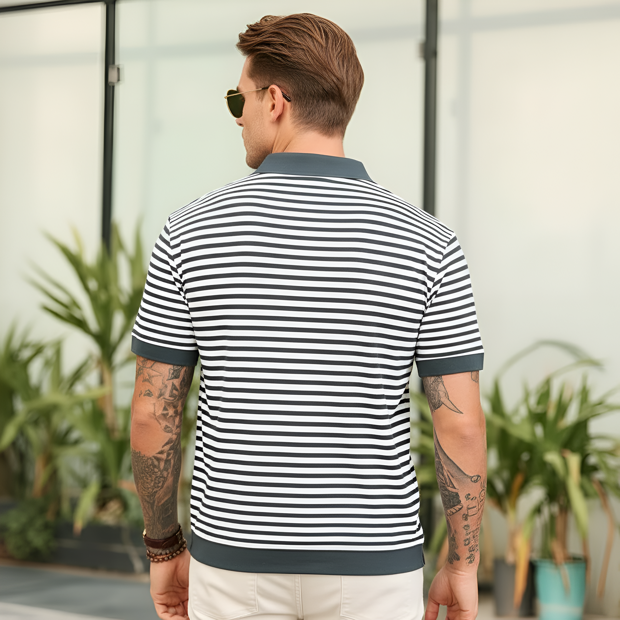 Mens Knit Polo Shirts Short Sleeve Striped V Neck Golf Shirt Classic Casual Summer Tops