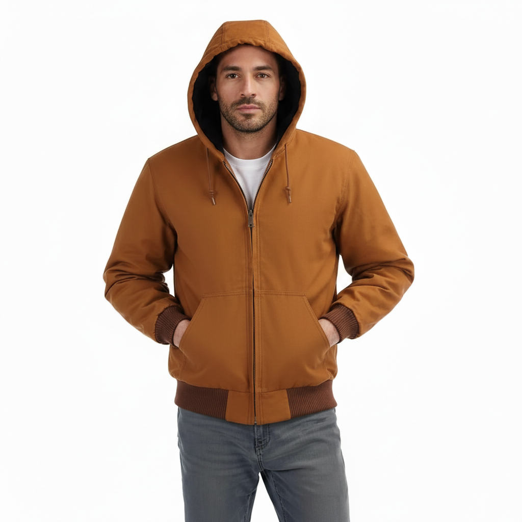 Men Loose Fit Quilted Flannel Lined Workwear Waterproof Active Jacket Hooded Work Coat