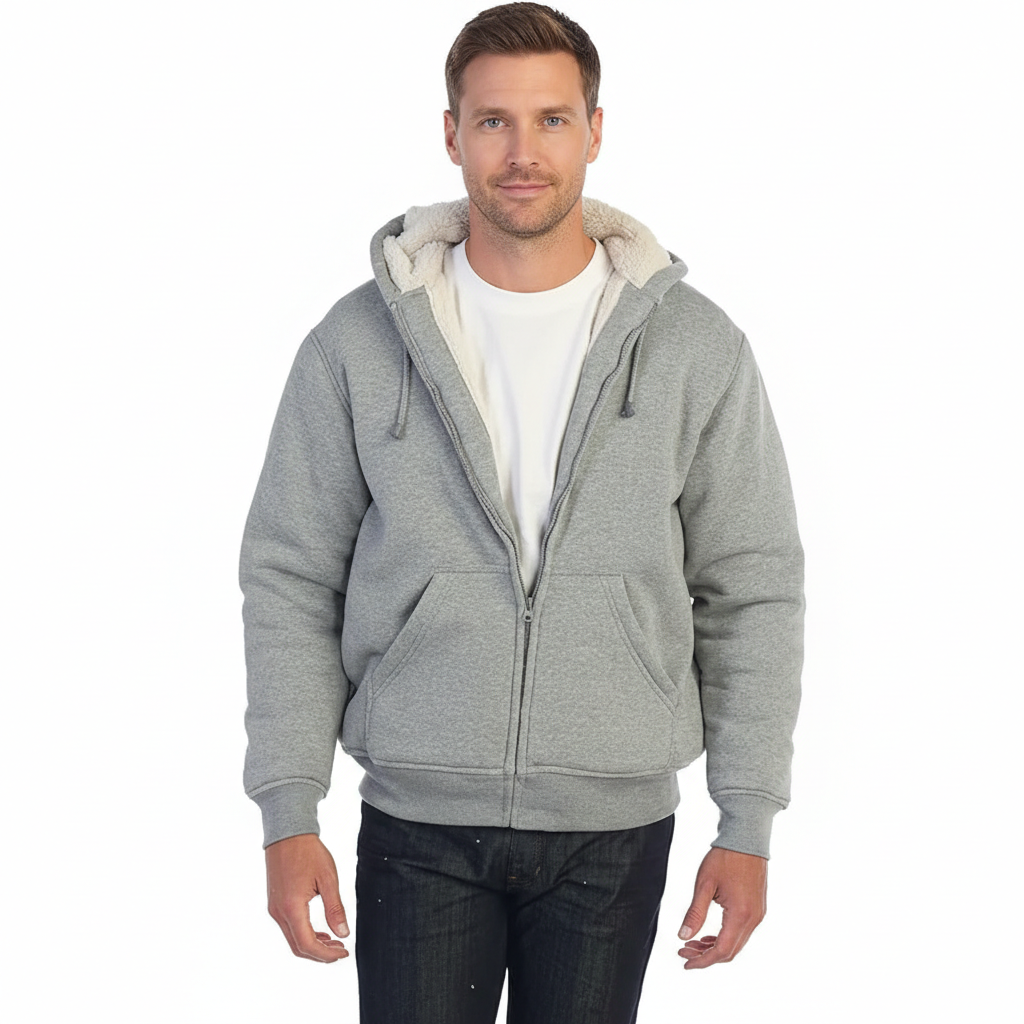 Men Soft Heavyweight Sherpa Lined Fleece Hoodie Jacket
