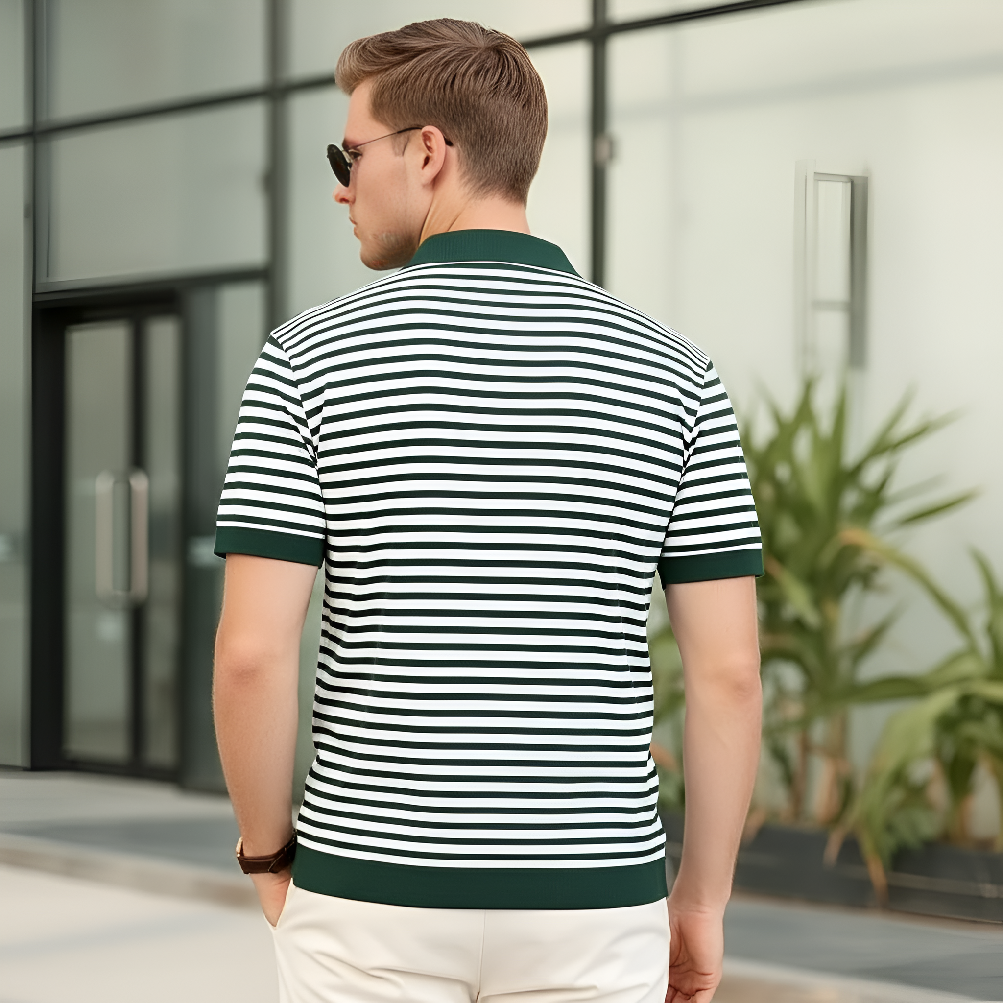 Mens Knit Polo Shirts Short Sleeve Striped V Neck Golf Shirt Classic Casual Summer Tops