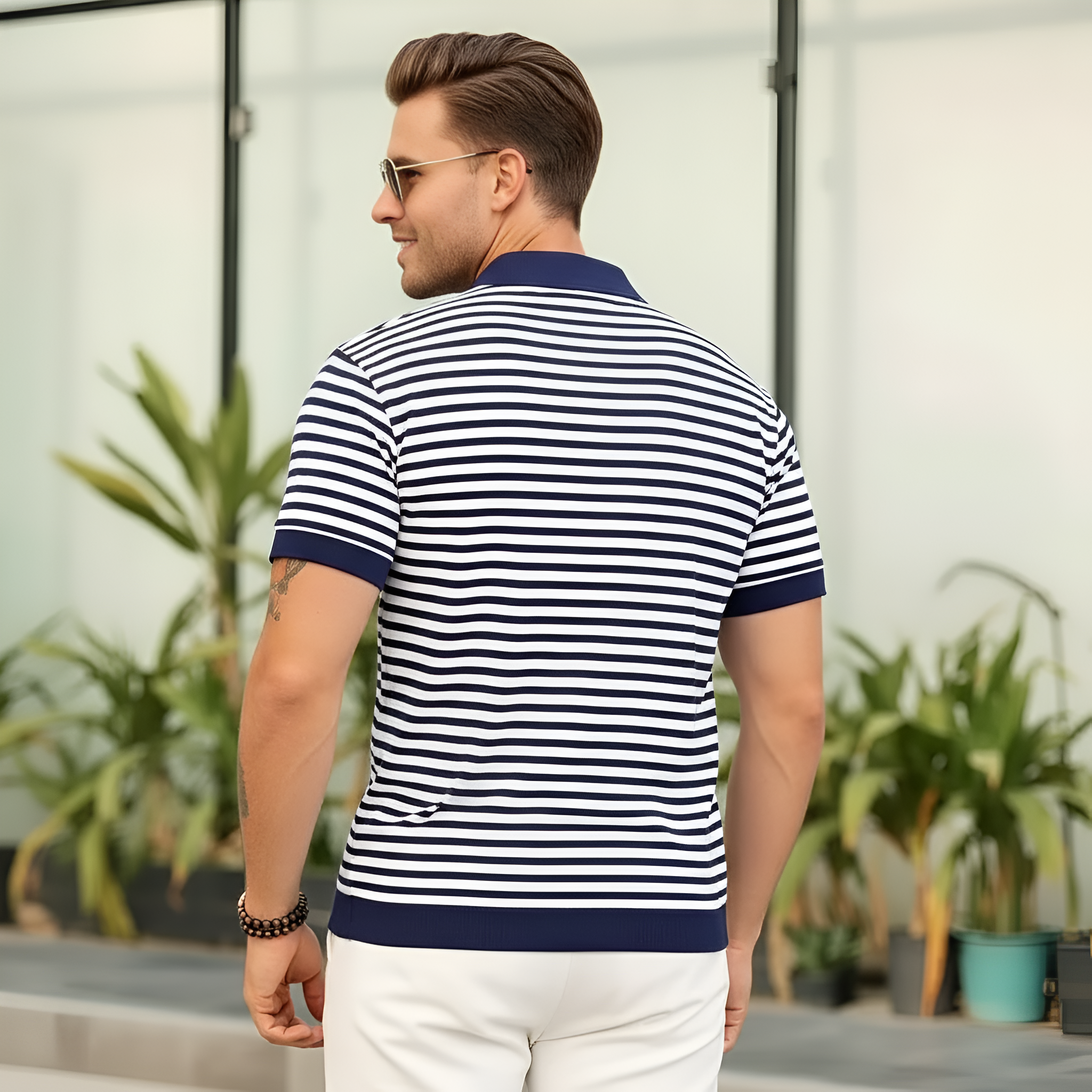 Mens Knit Polo Shirts Short Sleeve Striped V Neck Golf Shirt Classic Casual Summer Tops