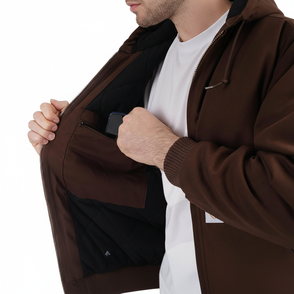 Men Loose Fit Quilted Flannel Lined Workwear Waterproof Active Jacket Hooded Work Coat