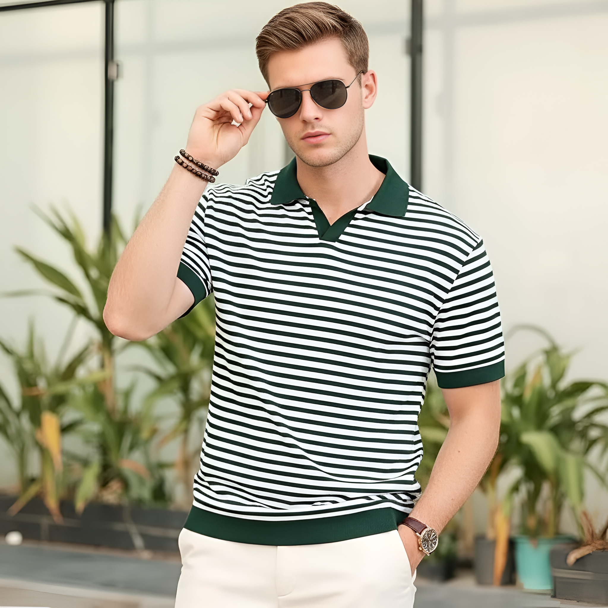 Mens Knit Polo Shirts Short Sleeve Striped V Neck Golf Shirt Classic Casual Summer Tops