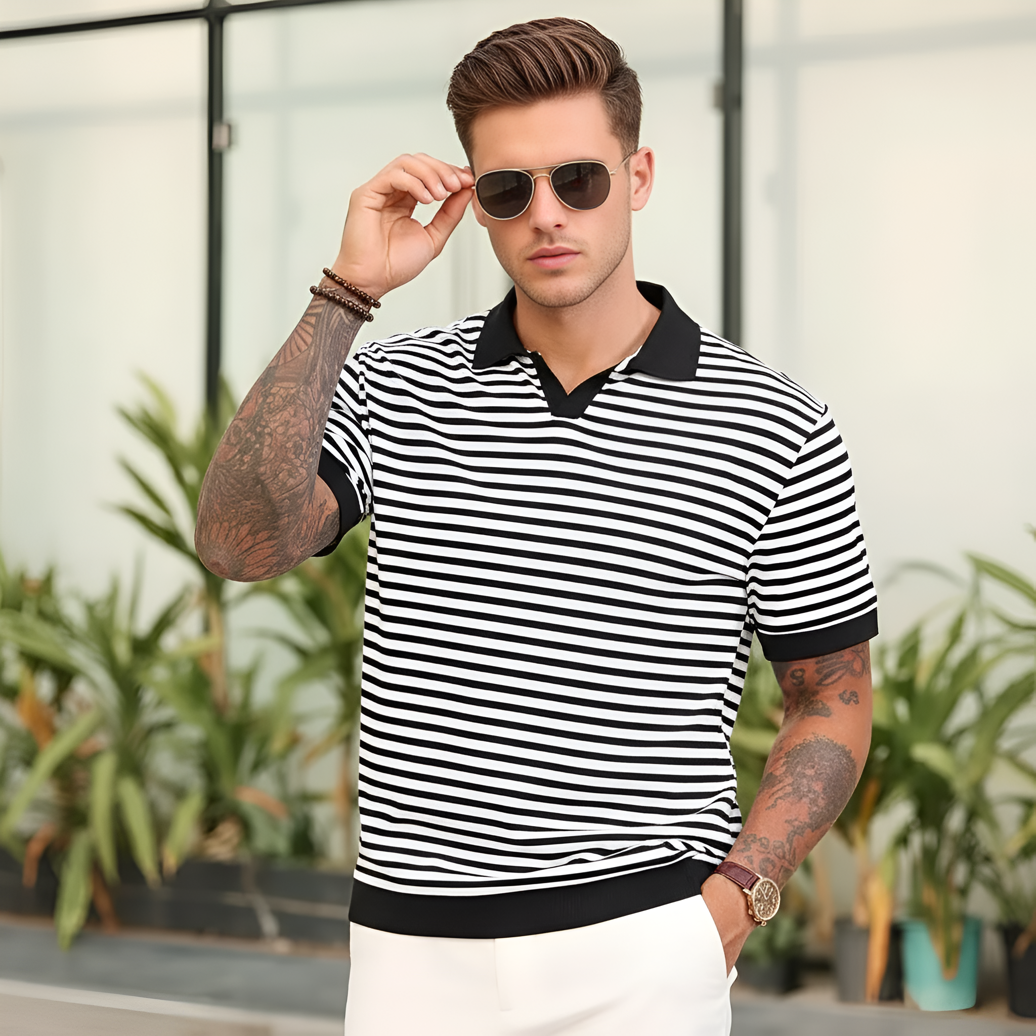 Mens Knit Polo Shirts Short Sleeve Striped V Neck Golf Shirt Classic Casual Summer Tops