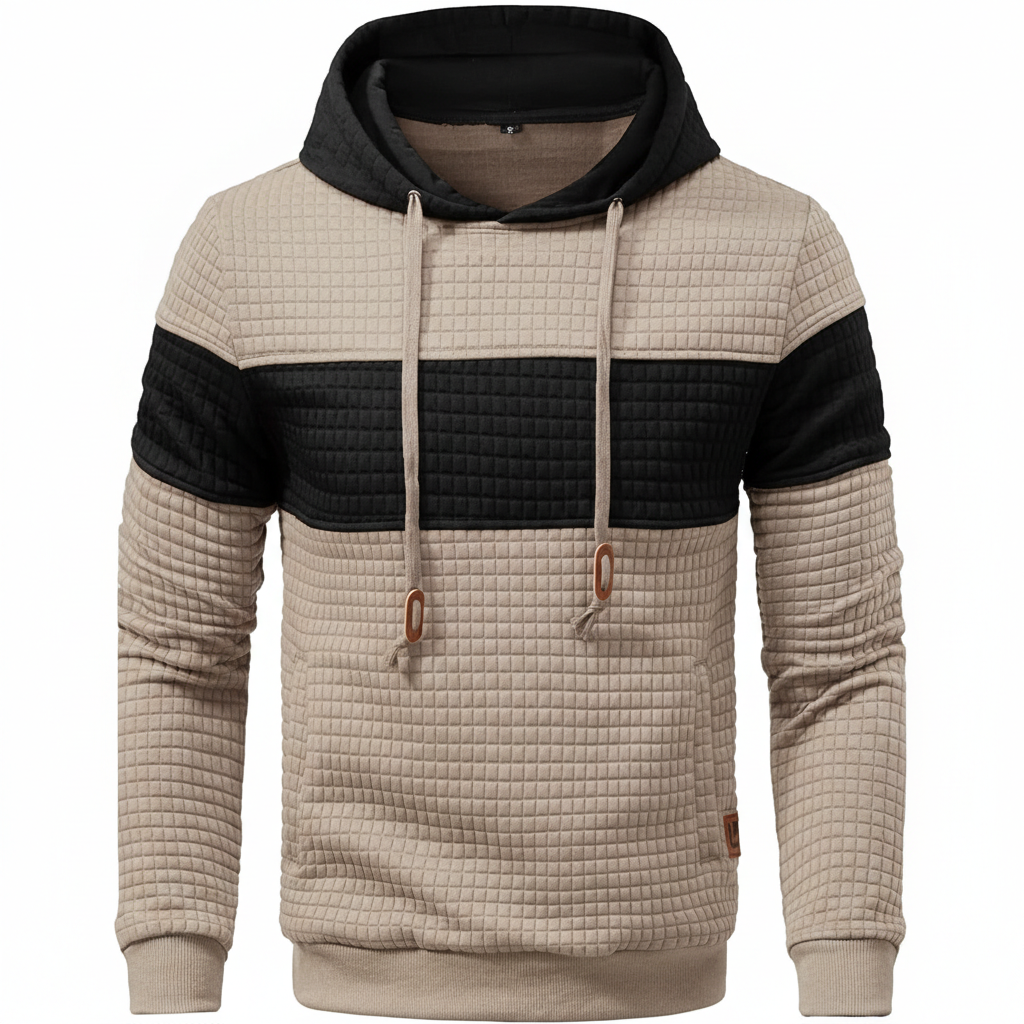 Men Sweatshirts Long Sleeve Pullover Patchwork Plaid Jacquard Hoodie Casual Drawstring Hoody Top