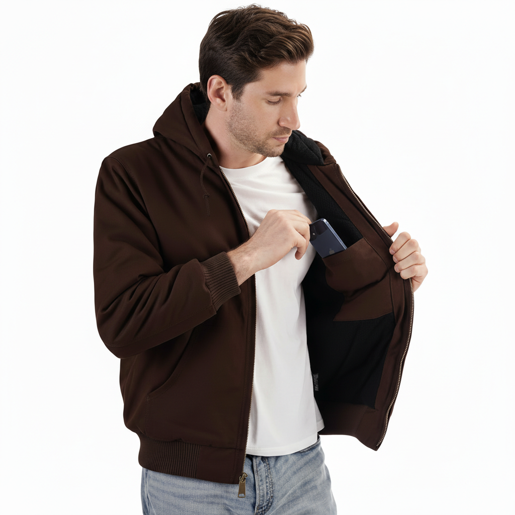 Men Loose Fit Quilted Flannel Lined Workwear Waterproof Active Jacket Hooded Work Coat